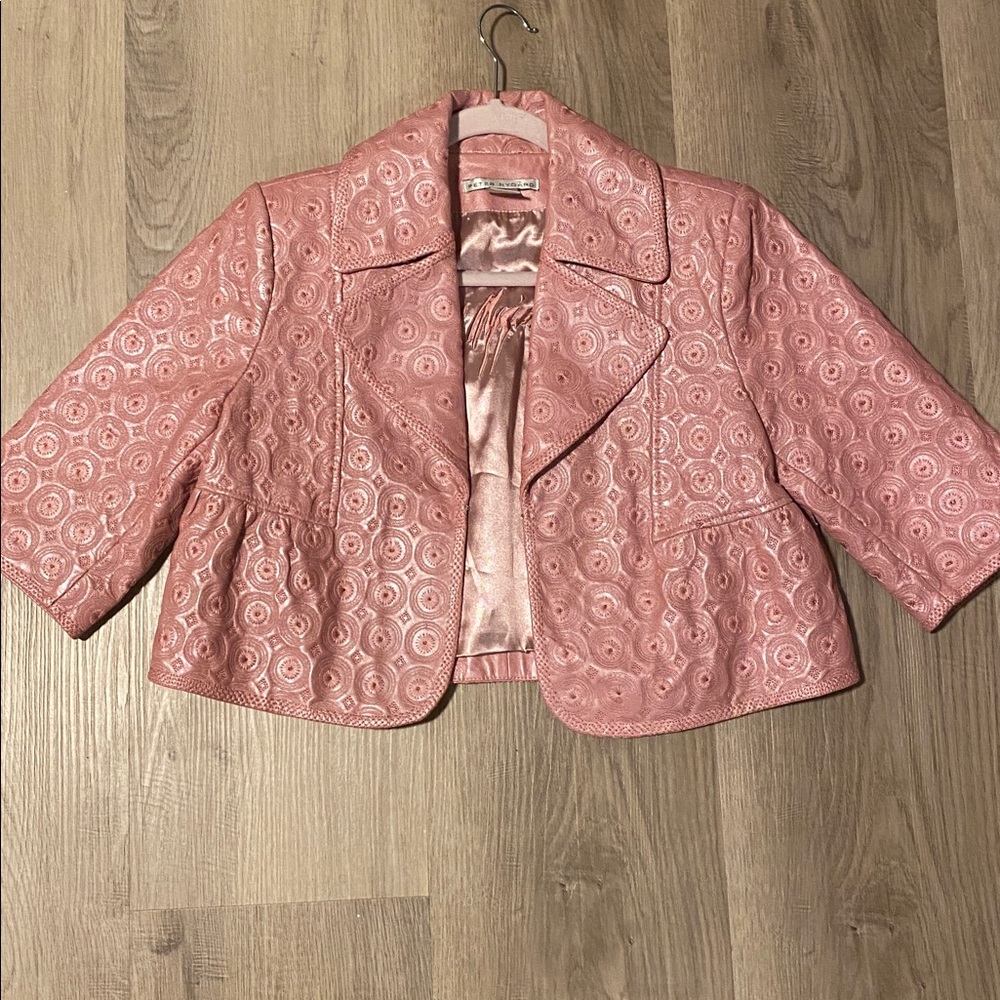 Peter Nygård Cropped Leather Jacket 3/4 Sleeve Embossed Biker Vintage Size 8 - Picture 4 of 11